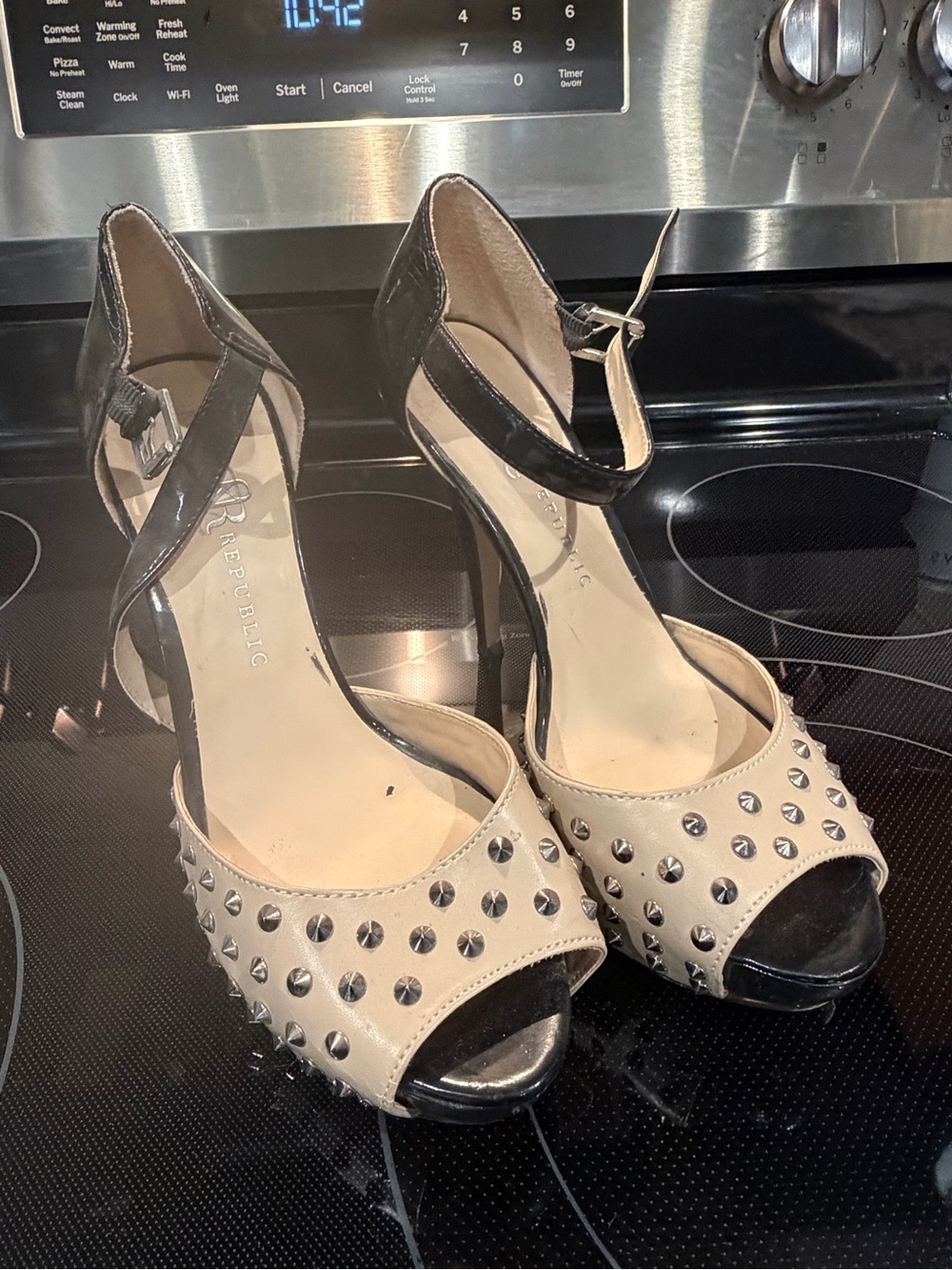 Rock & Republic Beige and Black Studded Peep-Toe Ankle-Strap Heels